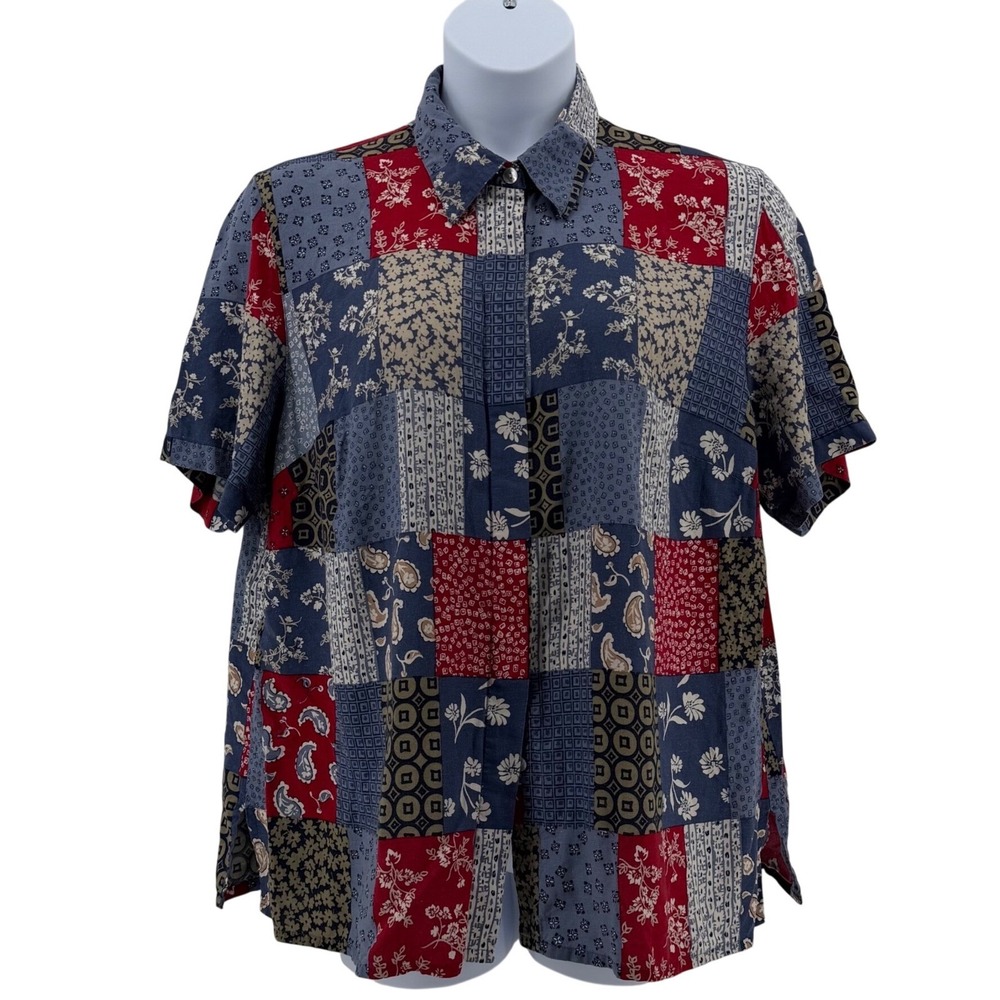 Alfred Dunner Linen Blend Shirt Womens 18W Patchwork Floral Paisley Blue Red